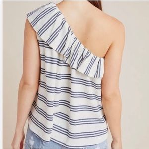 Anthropologie Striped One Shoulder Knit S XL White Blue Nautical Shirt New